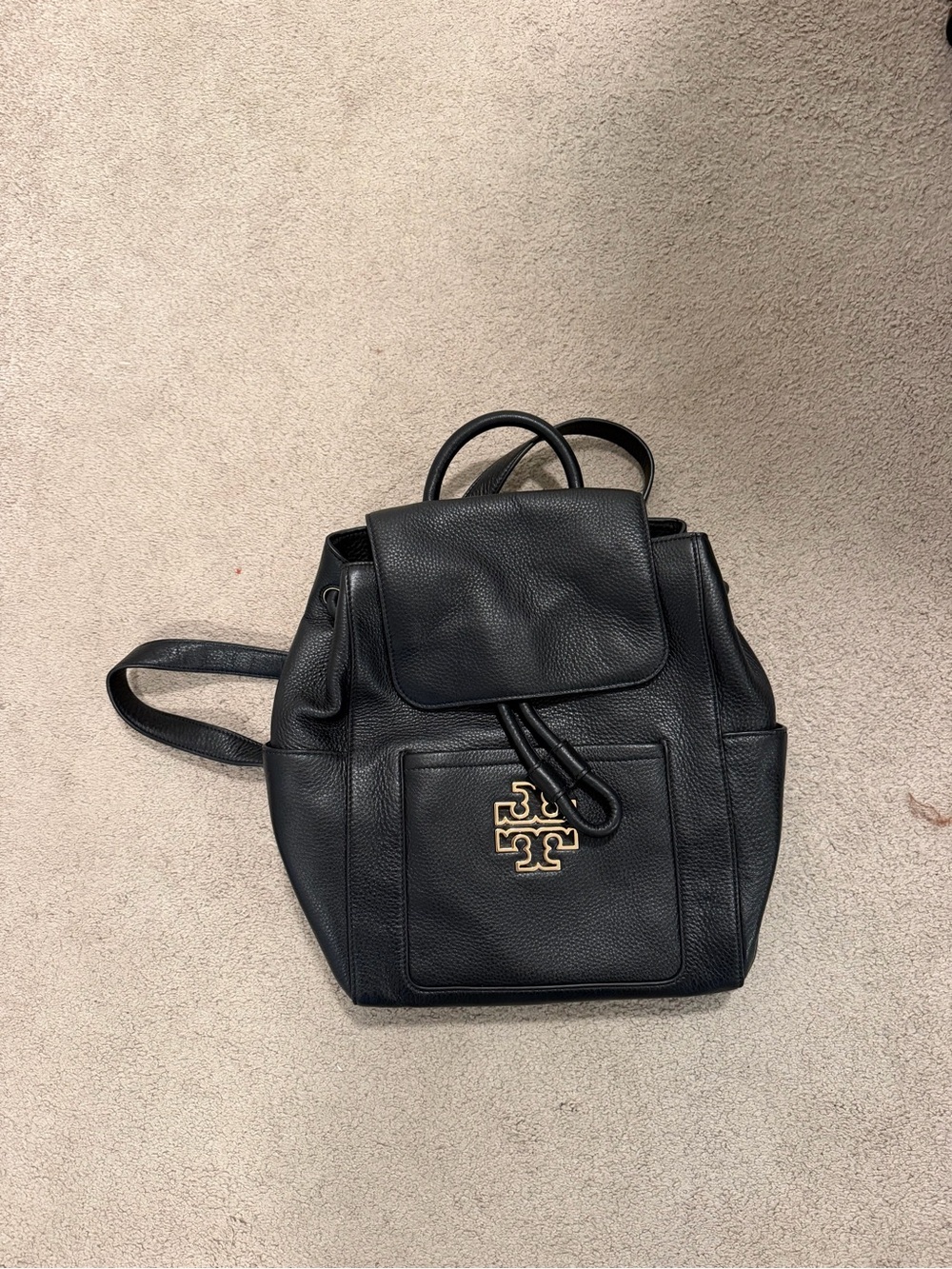Tory Burch Black Pebble Leather Logo Backpack